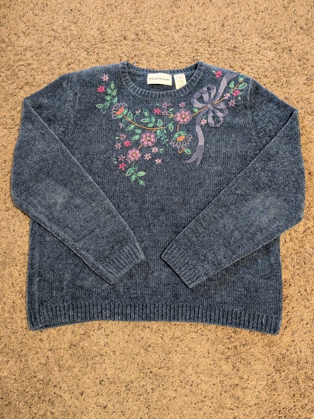 90s Alfred Dunner Blue Sweater Embroidered Flowers Medium